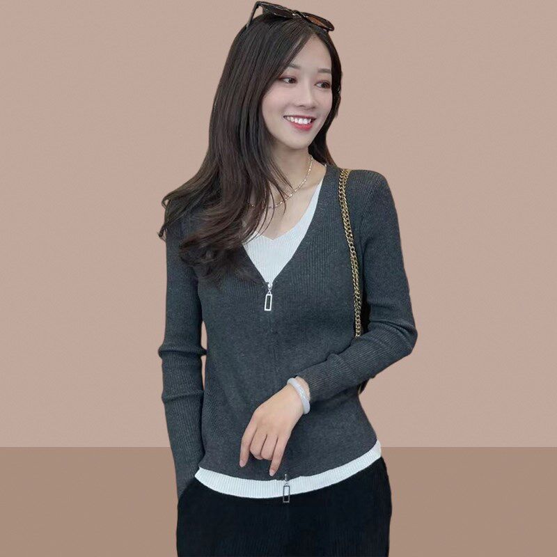 假两件长袖t恤女士2024春秋季新款V领小个子短上衣爆款打底衫体恤