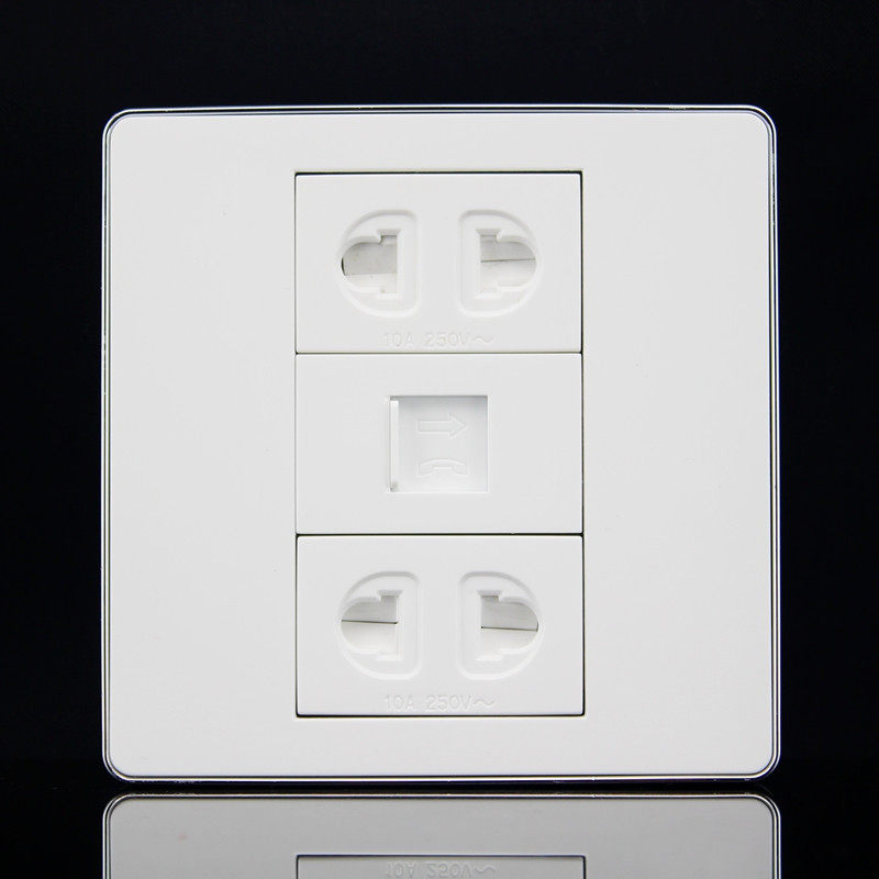 银边 86型电源带电话插座面板 双二孔电源+RJ11语音电话 墙壁插座