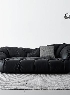 设计ZIF师发款云极简端沙发三人黑皮色复古小户型懒人异形沙床