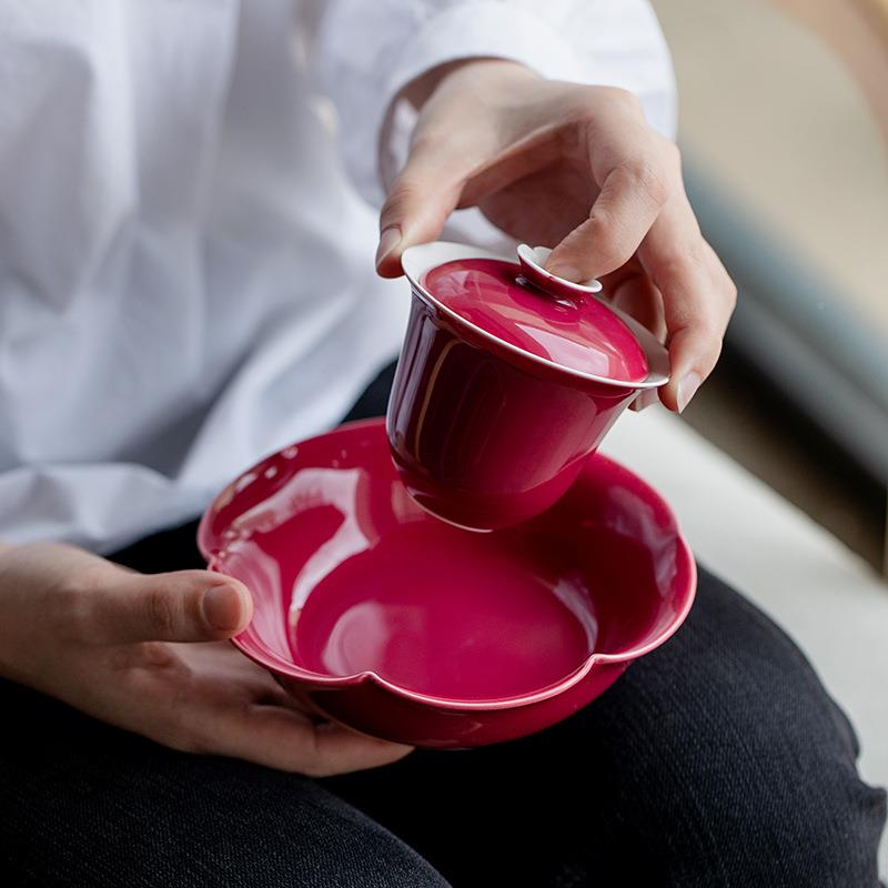 胭脂红创NOZ意瓣承壶家用茶台盖碗托养瓷壶花垫陶干泡盘日式茶点