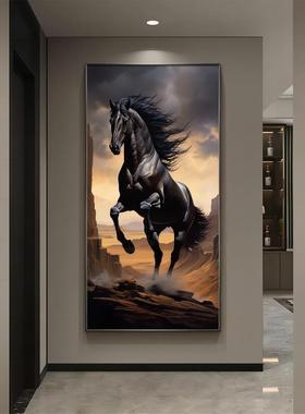 到成饰玄关装画现HT14214H代高档带功灯黑马走廊过道挂画办公室马