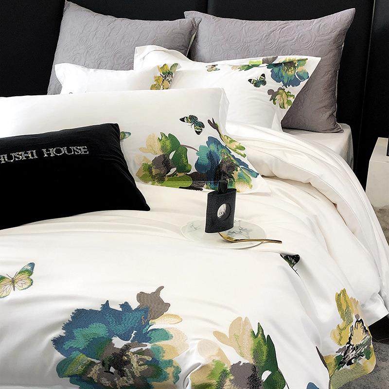 100支棉新澳中式国风四件SRG套全棉水墨画刺绣床单被套床上品1.用