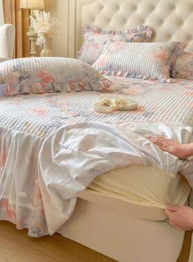 新款裙1O边O%全棉床笠式床件纯棉加厚床3iSfT6xM罩蕾丝花防滑床套