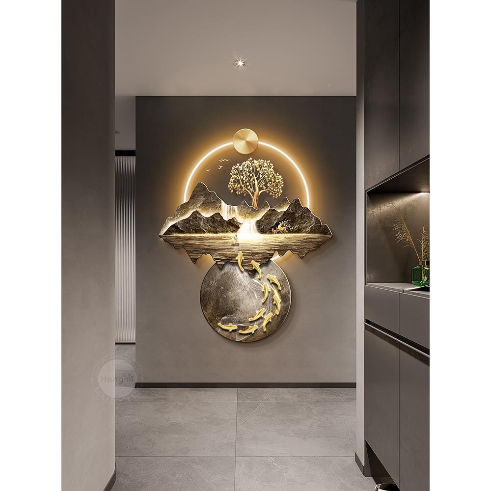 DDO流水生财新中玄关装饰式画气山水走过廊道大挂画发财树入户墙