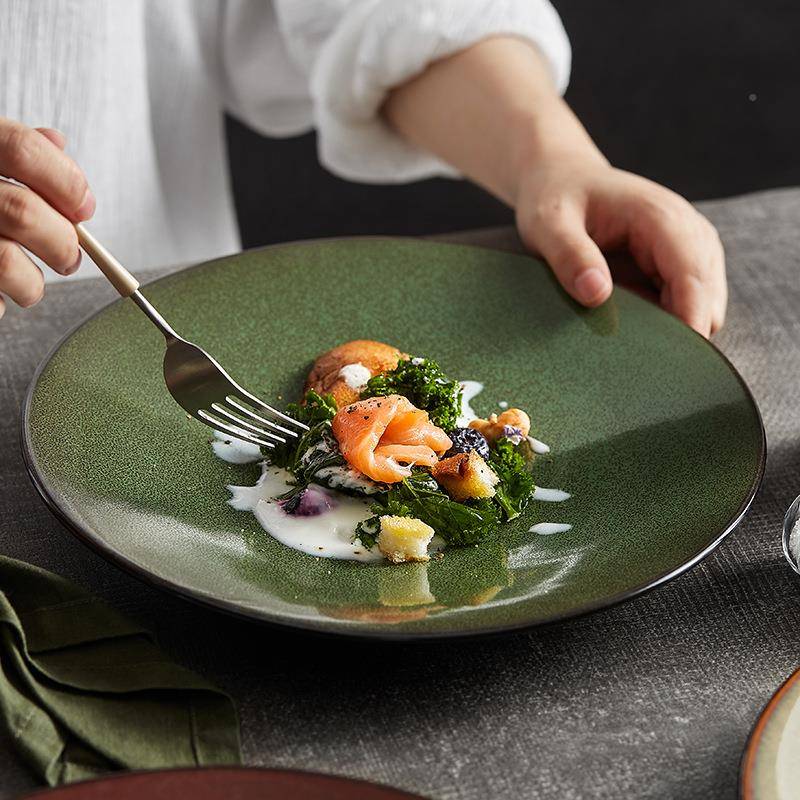 10寸变釉日店陶瓷平盘酒餐厅窑饭店冷菜RBF摆盘餐具西餐牛式排盘K