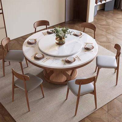 新岩板桌椅圆组合现店代简约中小户型餐家用酒饭店形大圆桌FYZ带