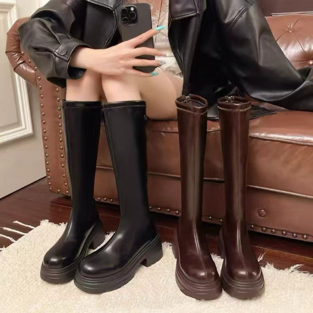 黑色高跟靴子长筒靴女小个子春秋