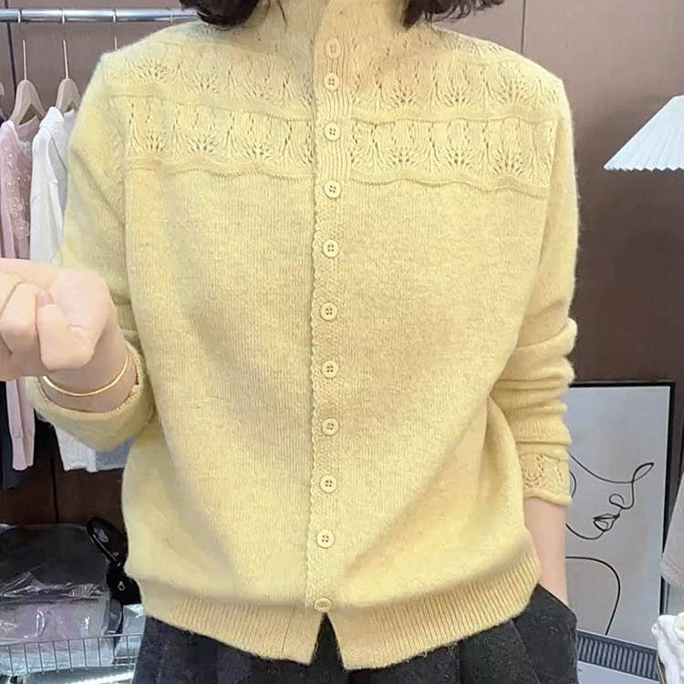 黄色半高领长袖针织开衫