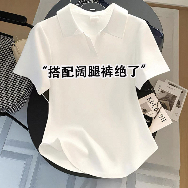 欧货POLO领白色短袖T恤女夏2025新款修身正肩打底衫短款上衣ins潮