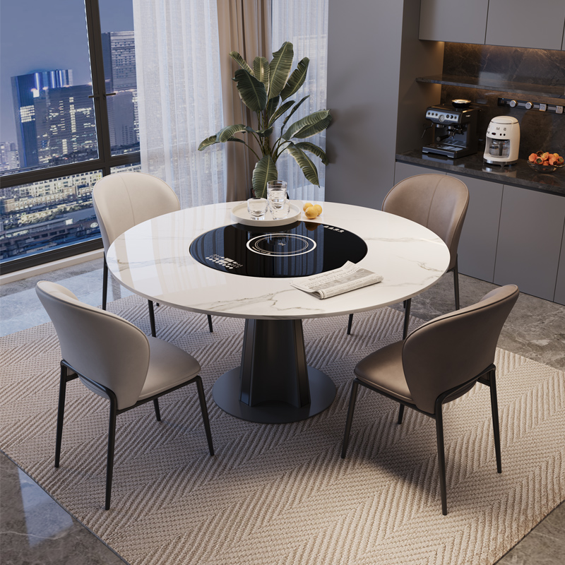 意式依诺岩e板圆形餐桌内嵌暖菜转盘多功能家用带电磁炉轻奢圆餐