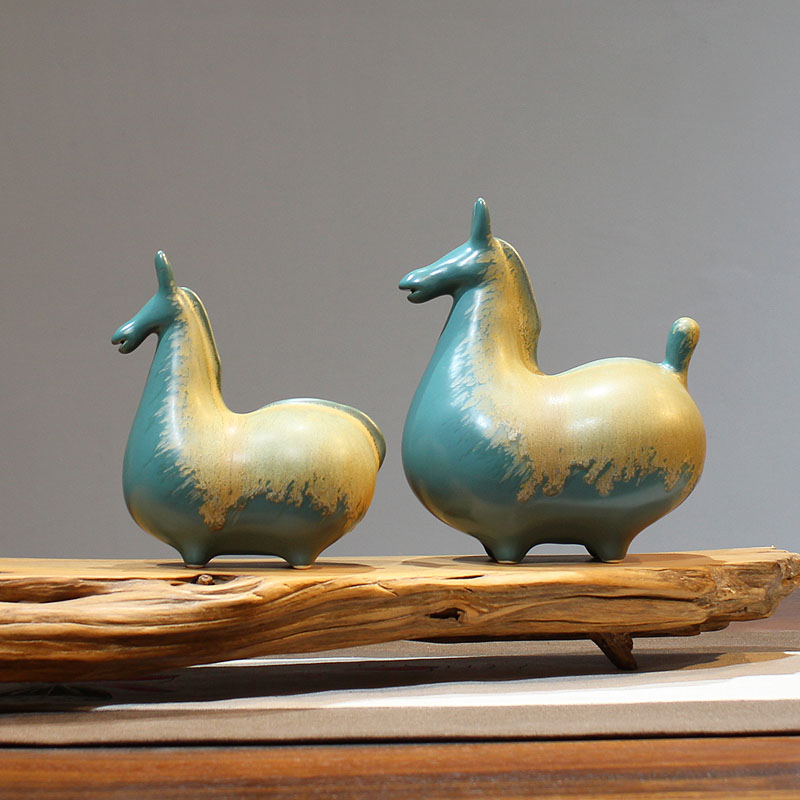 新中式禅意客厅电l视柜书房酒柜玄关样板房装饰复古陶瓷马摆件