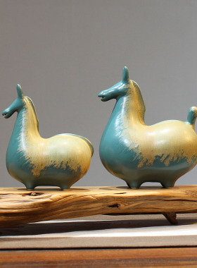 新中式禅意客厅电l视柜书房酒柜玄关样板房装饰复古陶瓷马摆件