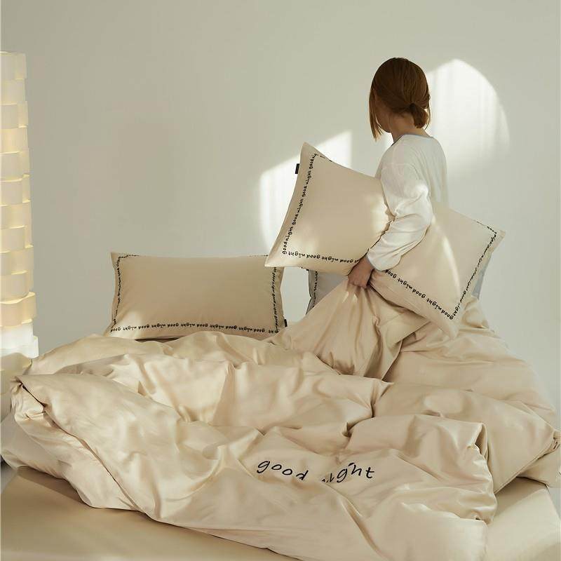 新款约简绣字全棉床上用品四0-ytc785套单人三件套纯棉被件套.5床