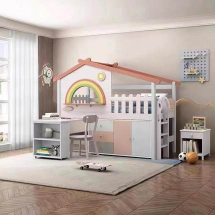 全实木中儿童半高TTY床桌女孩上床下桌户型带书衣柜一体小式高树