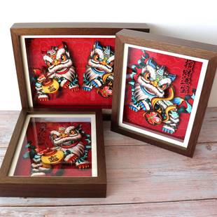 醒狮潮摆件工创艺品剪纸文木质FS737657多福桌创面客厅意舞国狮精