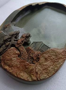 手工原石端砚书法画手专用刻台文房四宝书墨盘绿色无品牌/绿端山
