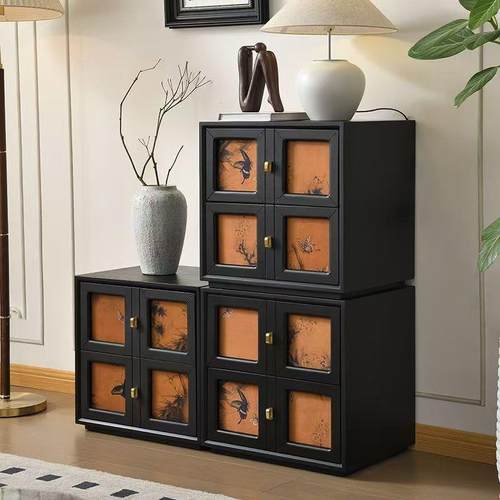 香云实木卧柜室纱床头沙发边柜新款家用UMG客厅轻中奢古色复古黑