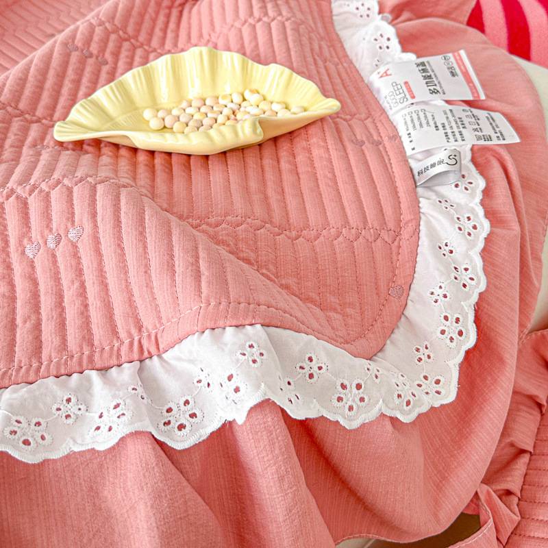 春季新款纯色简约斜纹床盖小清新木棉爱心花边床罩枕套三件套家用