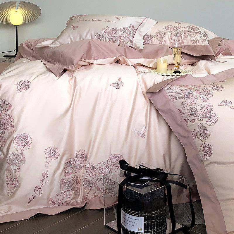 2025新轻款1定0支0长绒棉玫瑰花卉刺绣法cs001式奢高全棉纯棉四件