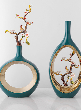 新中式喜鹊金枝陶瓷摆件创意客厅电视柜酒柜样板S间软装家居装饰