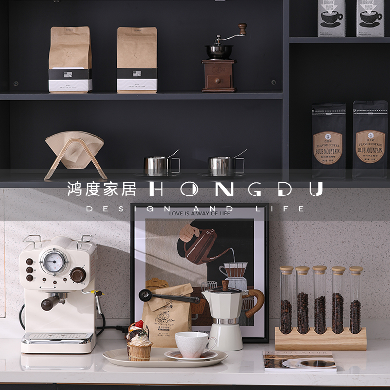 简约样板间厨房整体橱柜装饰品搭配下午茶咖啡机托盘S组合软装摆