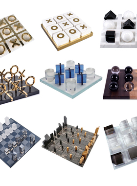 简约大理石棋盘j水晶金属几何摆件样板房售楼处国际象棋装饰品