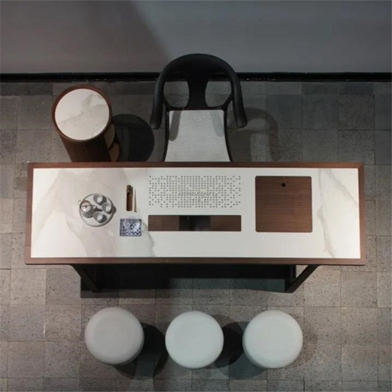 传世黑胡桃木长方形茶台北欧简约大理石实Q木餐桌岩板泡茶桌