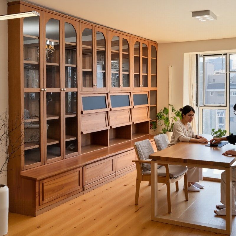 实木书柜家用多层收纳展示柜玻璃门E客厅靠墙卡座一体满墙到顶书