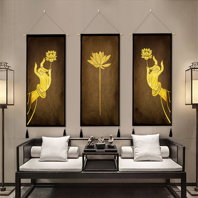 中式禅意佛手莲花l挂毯玄关书房中国风布艺装饰壁画挂画背景墙客