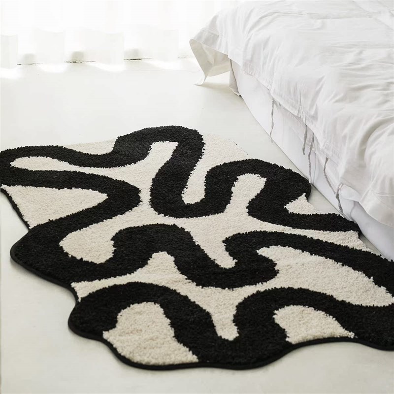 原创北欧中古风簇绒m黑白异形地毯卧室床边客厅茶几书房地垫可机