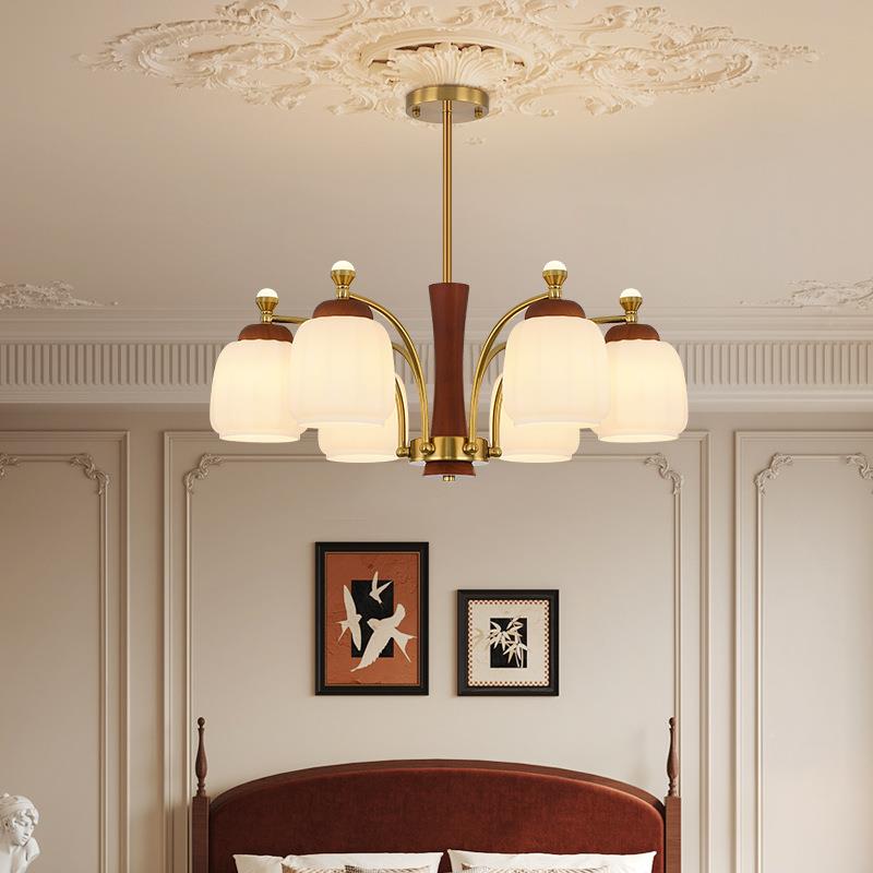 中风实木客厅吊RWB灯复古古美式房胡木色餐厅灯法式奶油风卧桃室