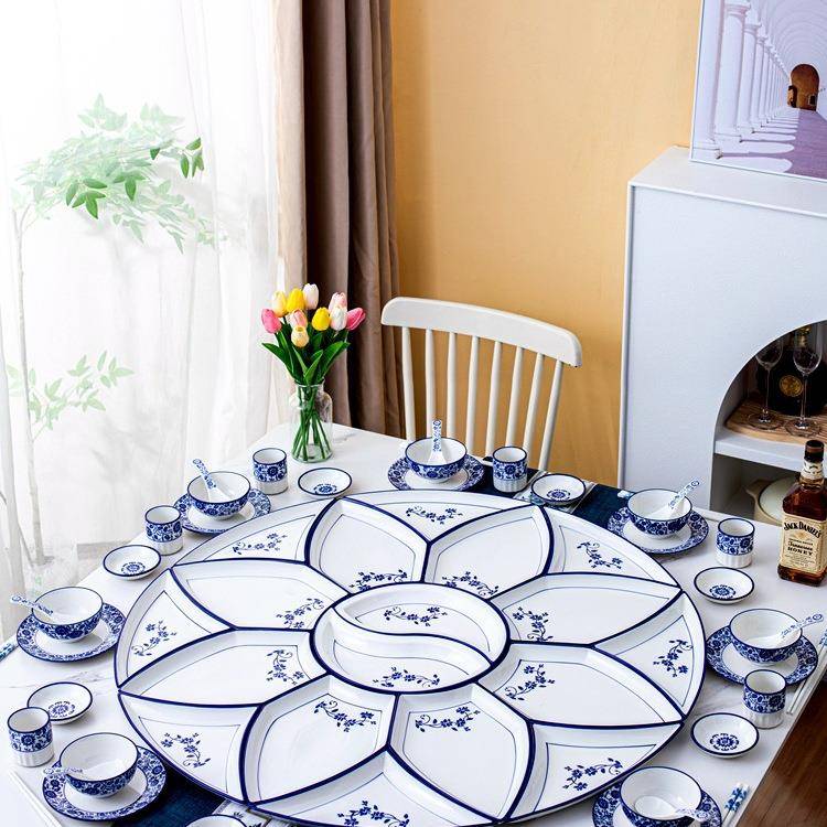 新款圆桌子菜盘家QXG用网红瓷过年夜团盘圆陶饭拼盘餐具组碟合碗