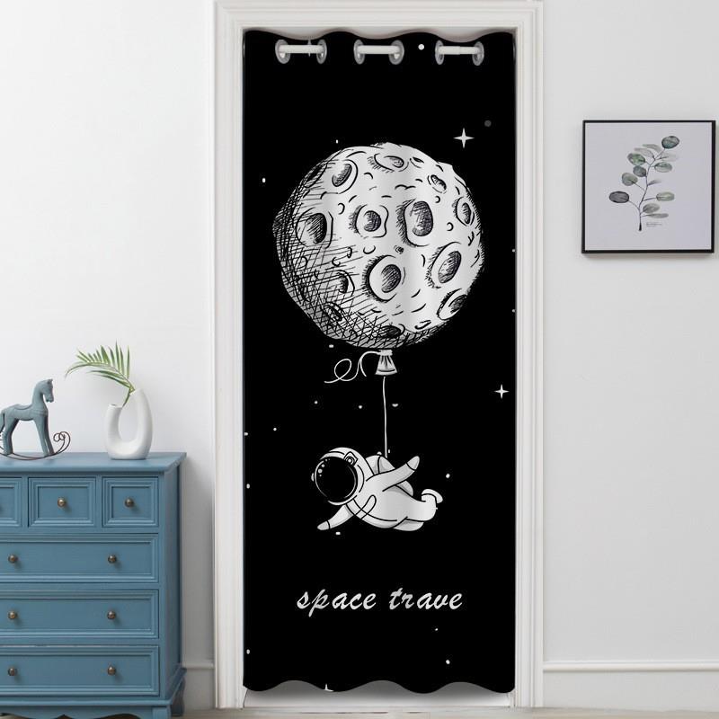 免打孔送伸杆艺术黑色缩SEV星数球太空码花窗帘门印帘短帘学生宿