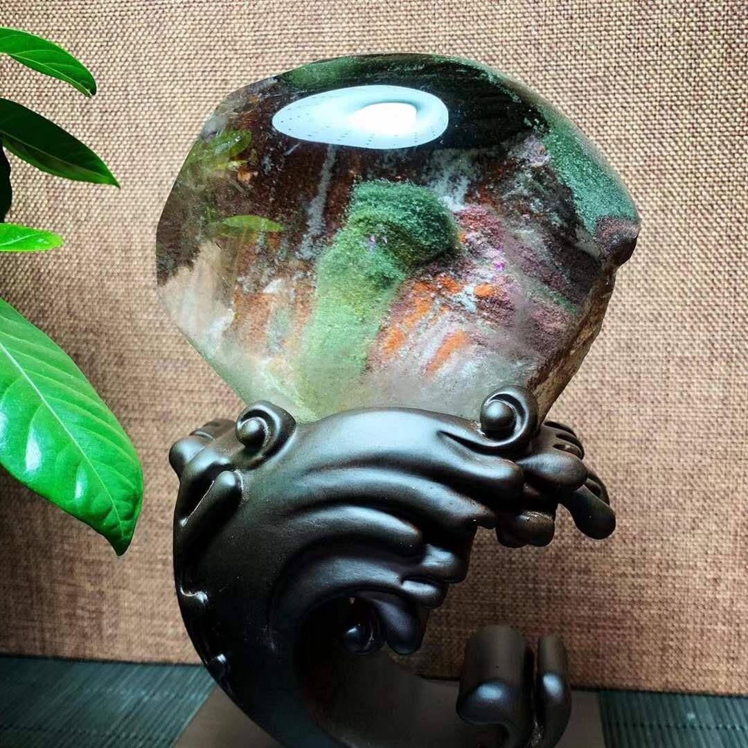 天然彩幽灵石发晶景观赏石山幽灵ZAD千层聚水宝盆全包裹原石晶摆