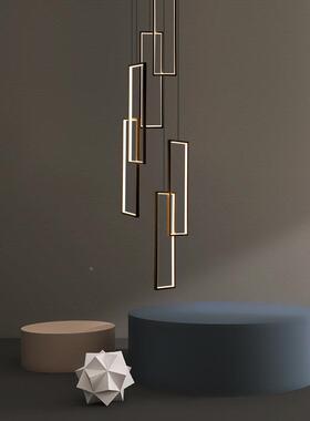 极简楼梯吊灯创现代简约JLD0749意黑色方别灯墅框中空具复式楼客