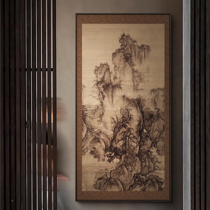风景新中式私房菜馆走过道大幅装YZ202410饰画中古竹石图名画玄关