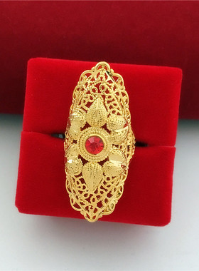 新款欧币仿沙金指环时尚百搭x镀金气质孔雀大戒指女士新娘结婚配