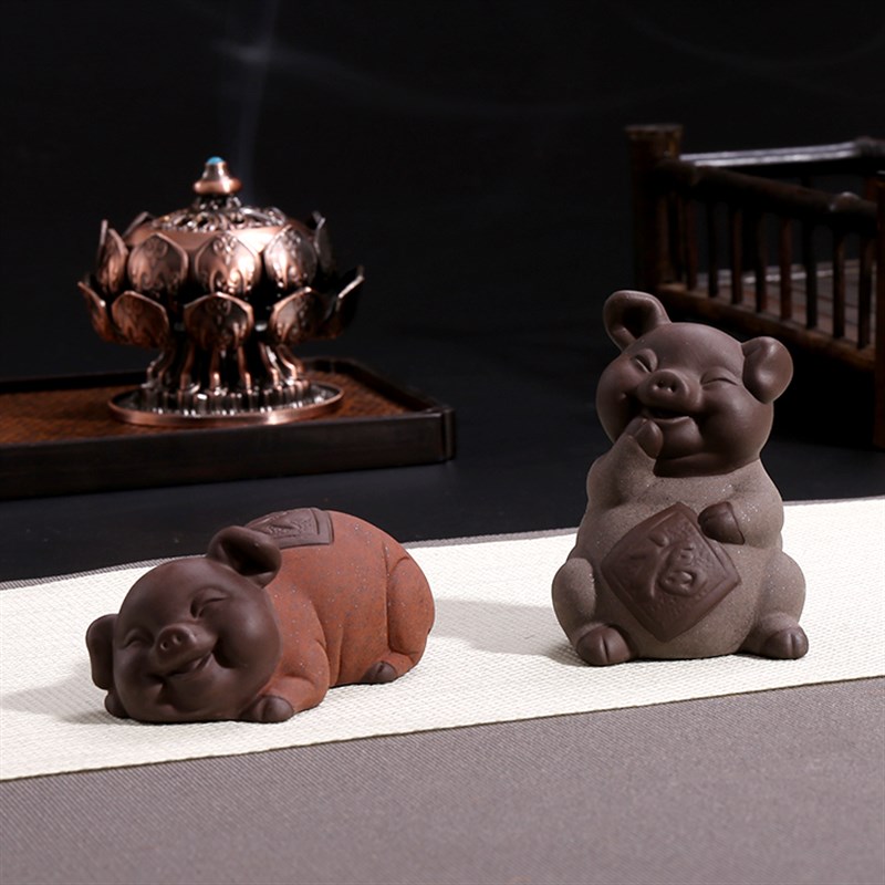 紫砂茶宠b招财可爱小猪宠创意纯手工茶玩陶瓷茶盘摆件精品可养