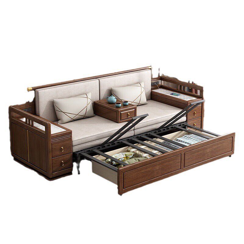 新中式实木多功能沙发q床坐卧两用客厅胡桃木沙发推拉可折叠伸缩