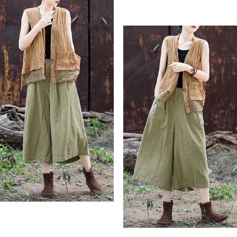 日系胖MM九分阔腿裤女直筒女裤2025夏大码棉麻裙裤宽松复古裤子