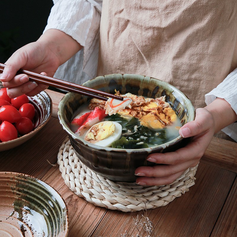 雅之器柴烧钧瓷面碗汤碗复古粗陶碗手捏高脚碗钧红窑变釉日式菜碗