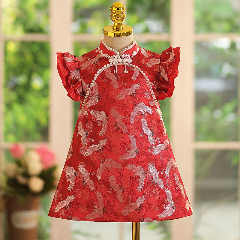 中式女童2023新款礼服女宝宝国风红色婴儿抓周旗袍高端唐装夏季