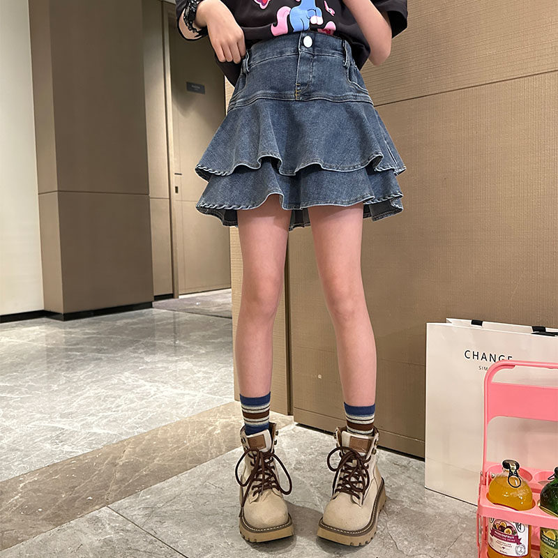 女童牛仔半身裙2023夏装新款韩系洋气女大童时髦炸街蛋糕裙裤潮款