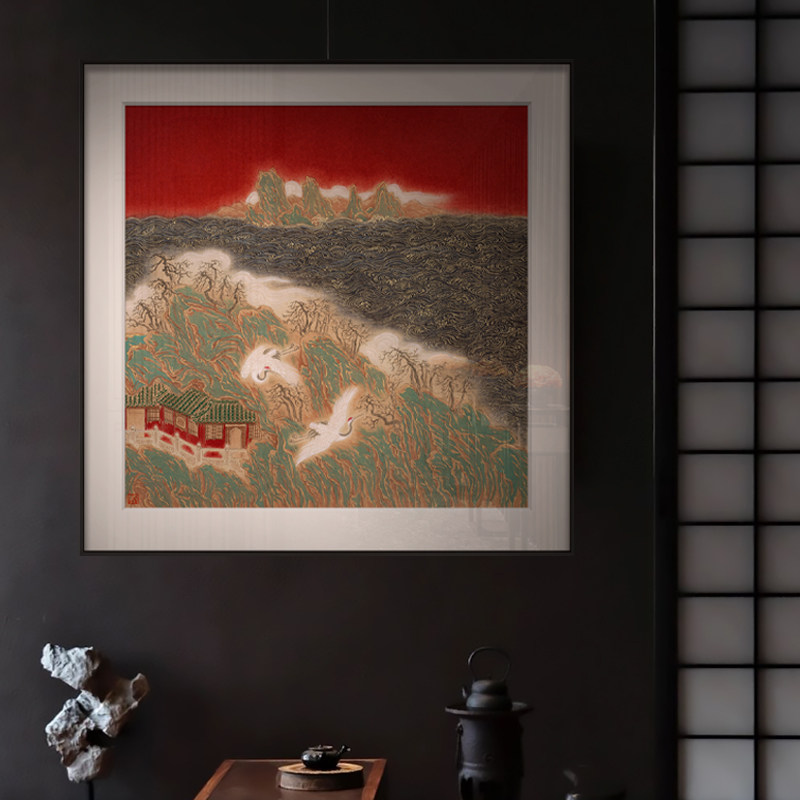 新中式客厅沙发背景墙红色v挂画国潮中国风玄关餐厅书房民宿挂画
