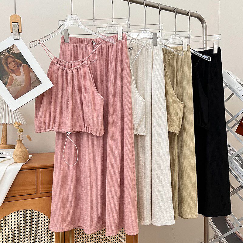 设计感挂脖抽绳短款吊带背心上衣+高腰显瘦中长款半身裙两件套女