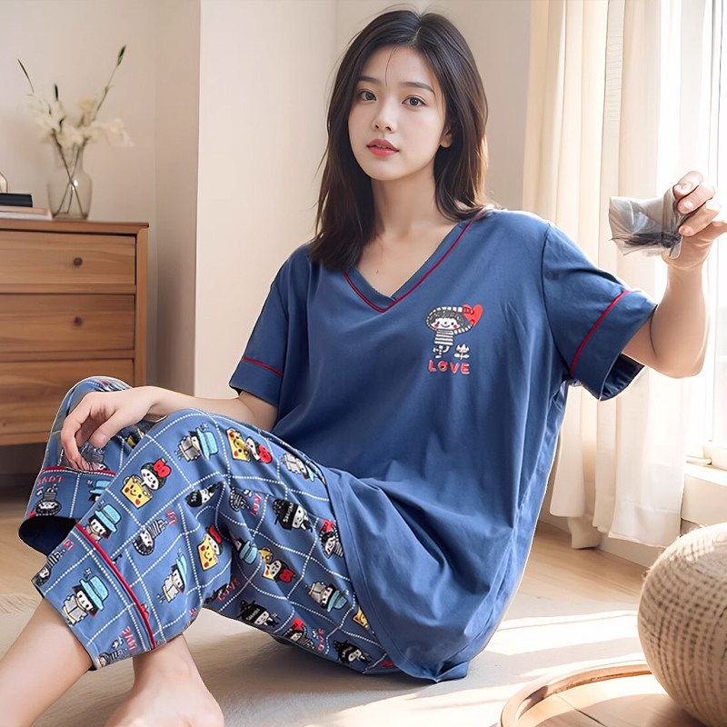 睡衣女款2025新款夏季大码纯棉胖mm宽松V领短袖九分裤家居服套装