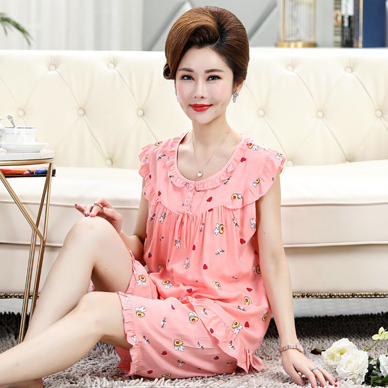 中老年人妈妈妇女睡衣女士夏季无袖纯棉绸夏天背心全棉家居服套装