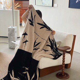 新中式竹叶黑白中古毛毯搭巾床尾毯巾沙发毯N子盖毯民宿床旗午睡