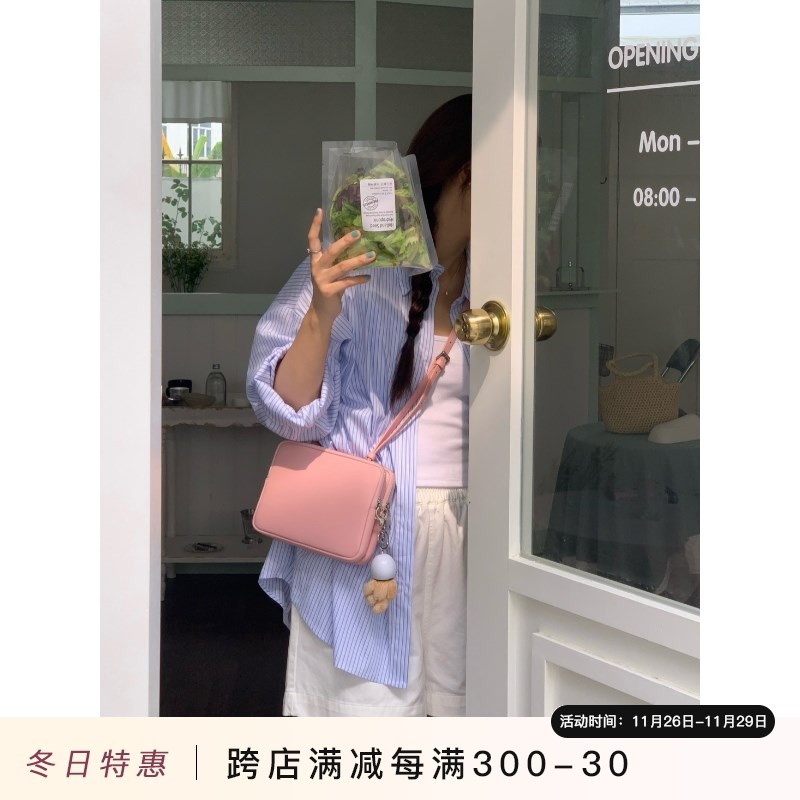 芝士商店~韩版真皮斜挎包女2024新款秋季粉色小众单肩包百搭包包