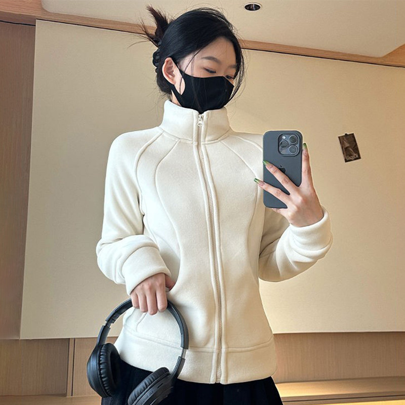 修身摇粒绒立领卫衣外套女春秋款2024秋冬季新款加绒韩版穿搭内胆